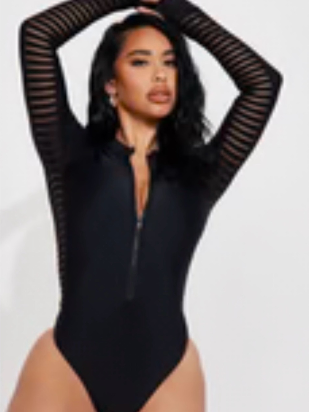 Fashion Nova Black Long-Sleeve Mesh Zip One-Piece